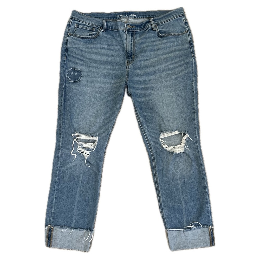 Old Navy Boyfriend Jeans Mid Rise Straight Ripped Smiley Face Happy Remix Blu 16